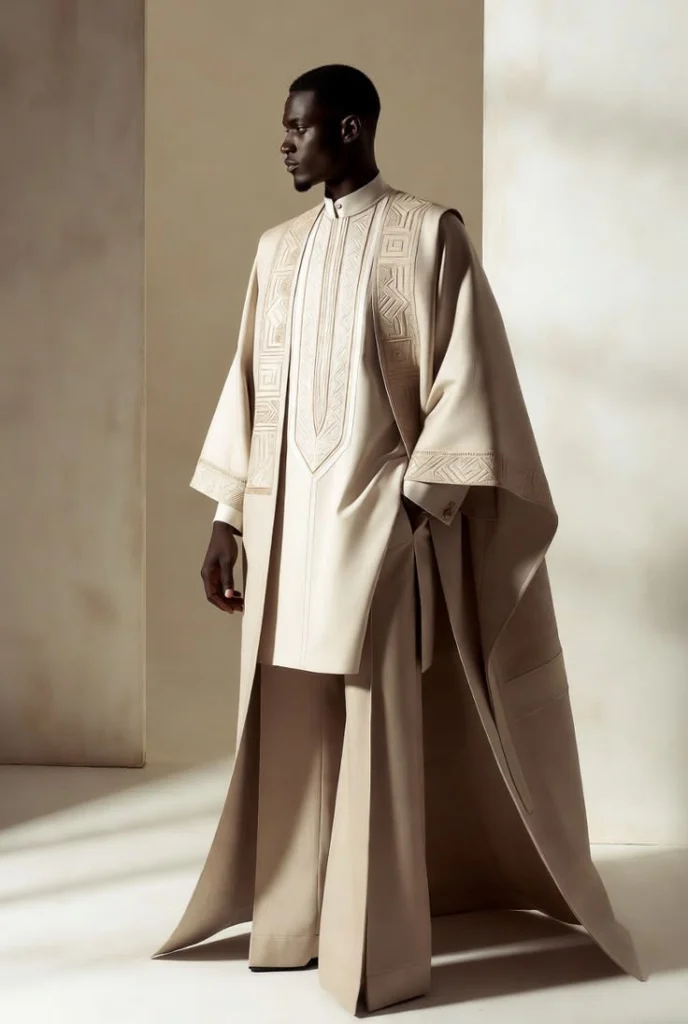 Homme en longue tunique et pantalon ample, dans des tons sable